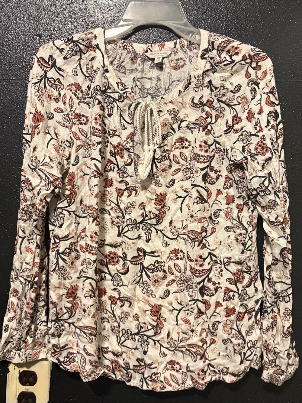 Lucky Brand Womens Size Small/petite Cream Floral Tie-Front Peasant Blouse